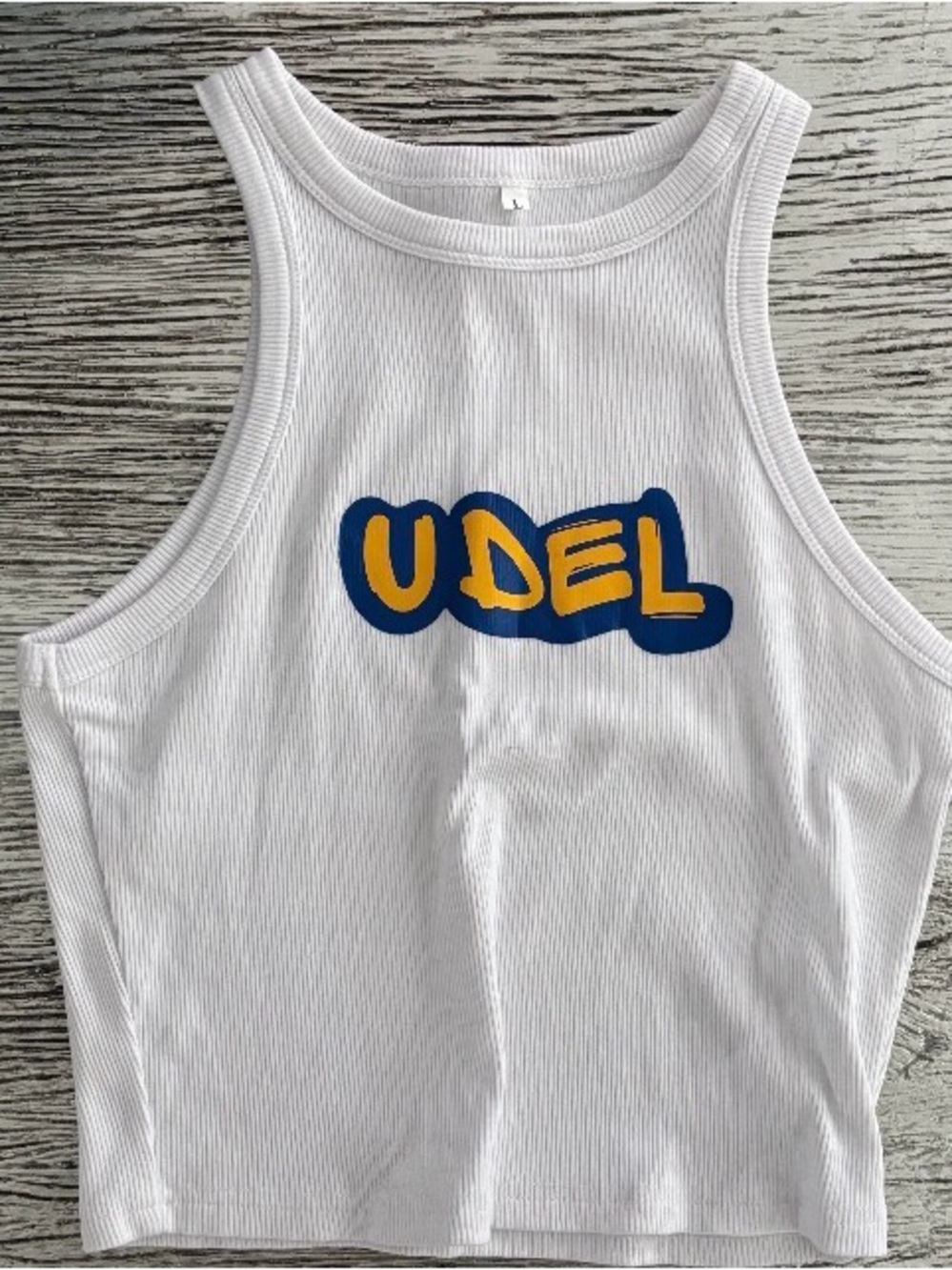 White Ribbed Tank with Yellow & Navy 'UDEL' Graphic